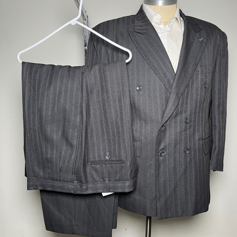 Gianni Vironi Suit Mens 52R 42W Charcoal Gray Pinstripe Double Breasted Vintage